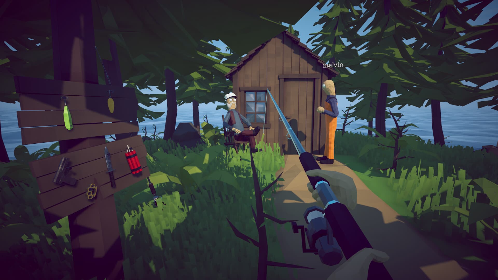 A character fishing from a small boat in How to Fish